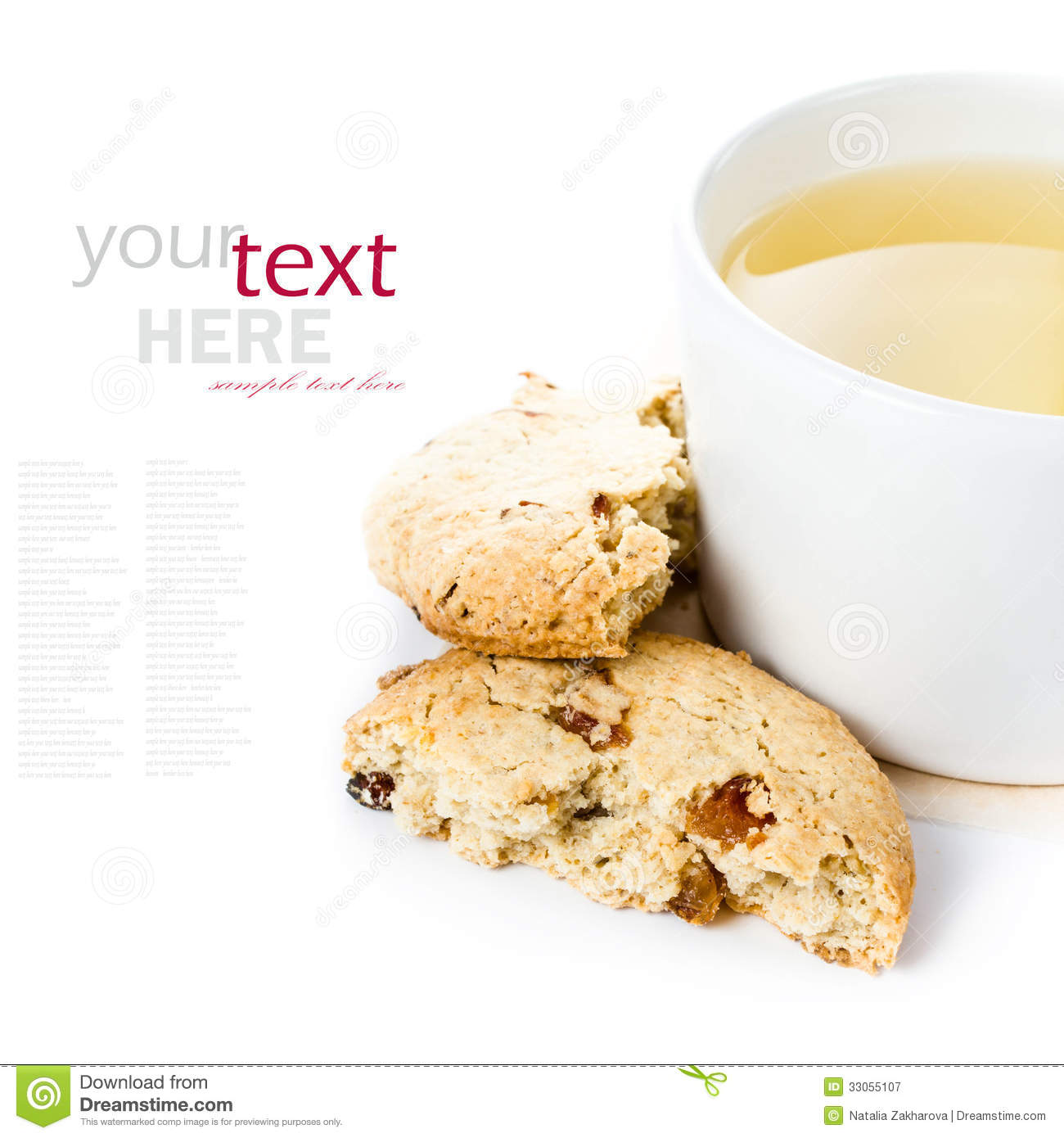 Oatmeal Cookie With Raisins And Cup Of Green Tea On White Backg    