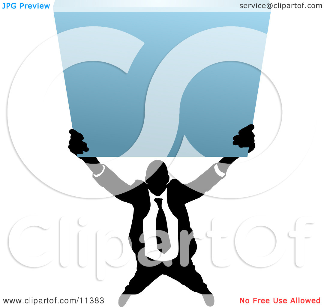 Silhouetted Business Man Holding Up A Blank Sign Clipart Illustration