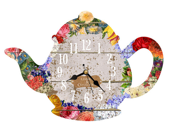 Teapot Clock With Vintage Flower Clipart  Handmade Wooden Clock