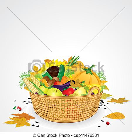 Thanksgiving Basket With Vegetables Fruits And Leaves  Isolated On