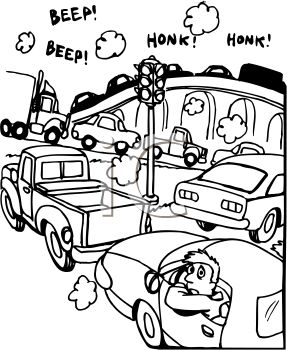 Black And White Cartoon Of A Traffic Jam   Royalty Free Clipart    