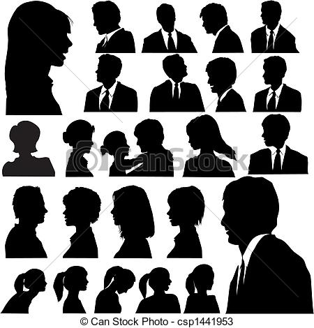 Set Of Men   Women Faces As Head And Shoulder Profile Silhouettes