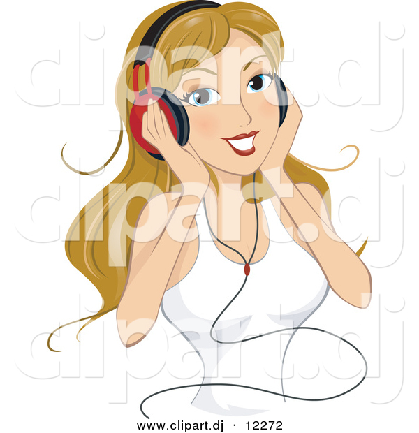 Vector Clipart Of A Cartoon Girl Listening To Music Through Headphones