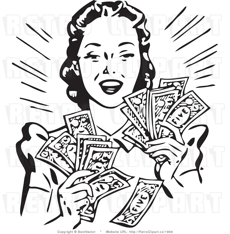 Black And White Retro Woman Holding Handfuls Of Cash Money By