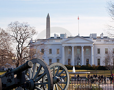 Civil War Cannons Guard The Front Of The White House With Washington