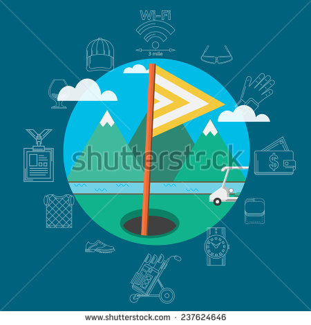 Flat Of Golf Equipment  Golf Target With Flag In Hole And Golf Car On