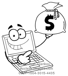 Of A Cartoon Laptop Computer With A Bag Of Money In Black And White