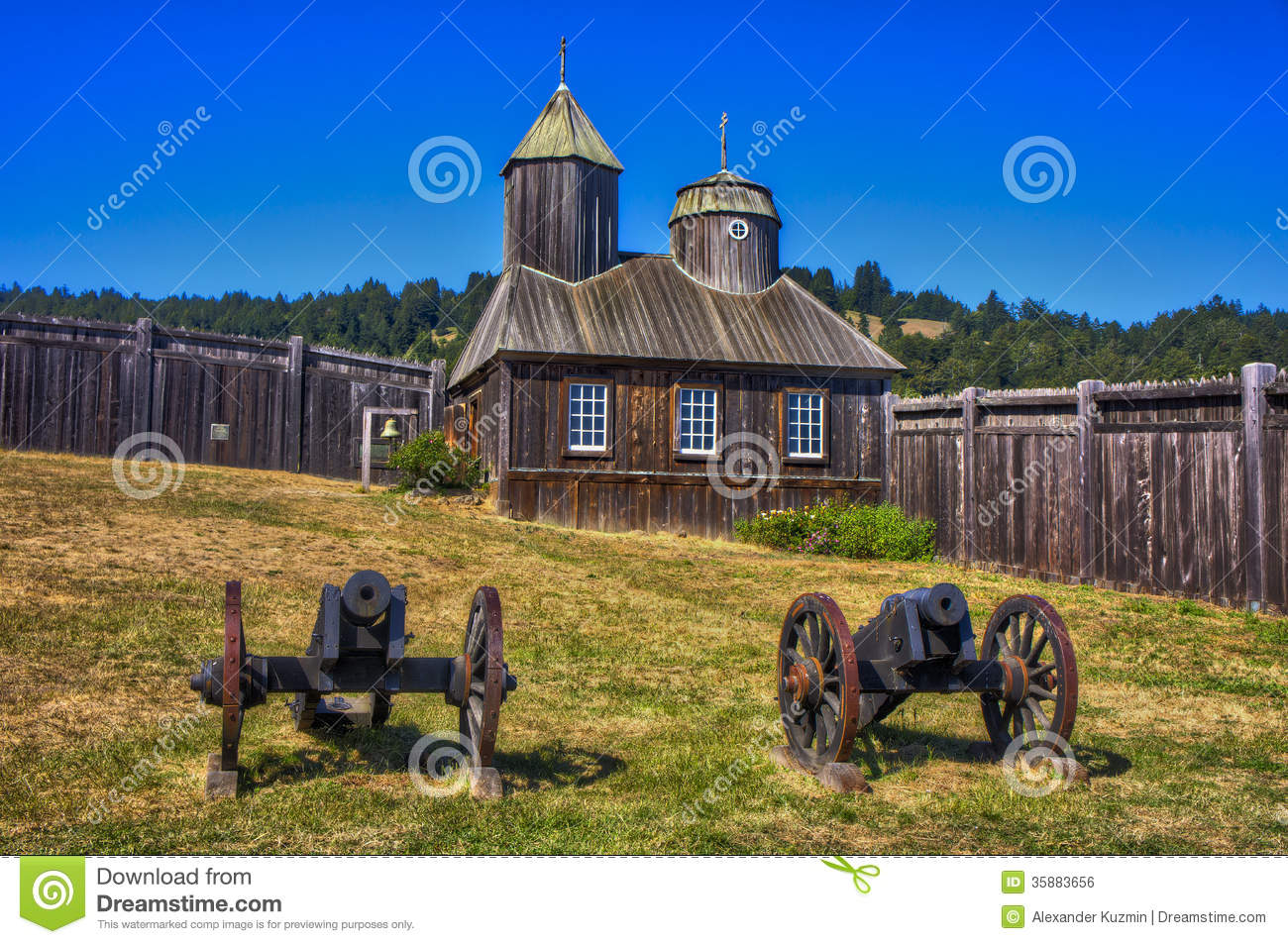 Old Russian Cannons In Front Of The Chapel Of Fort Ross In Former