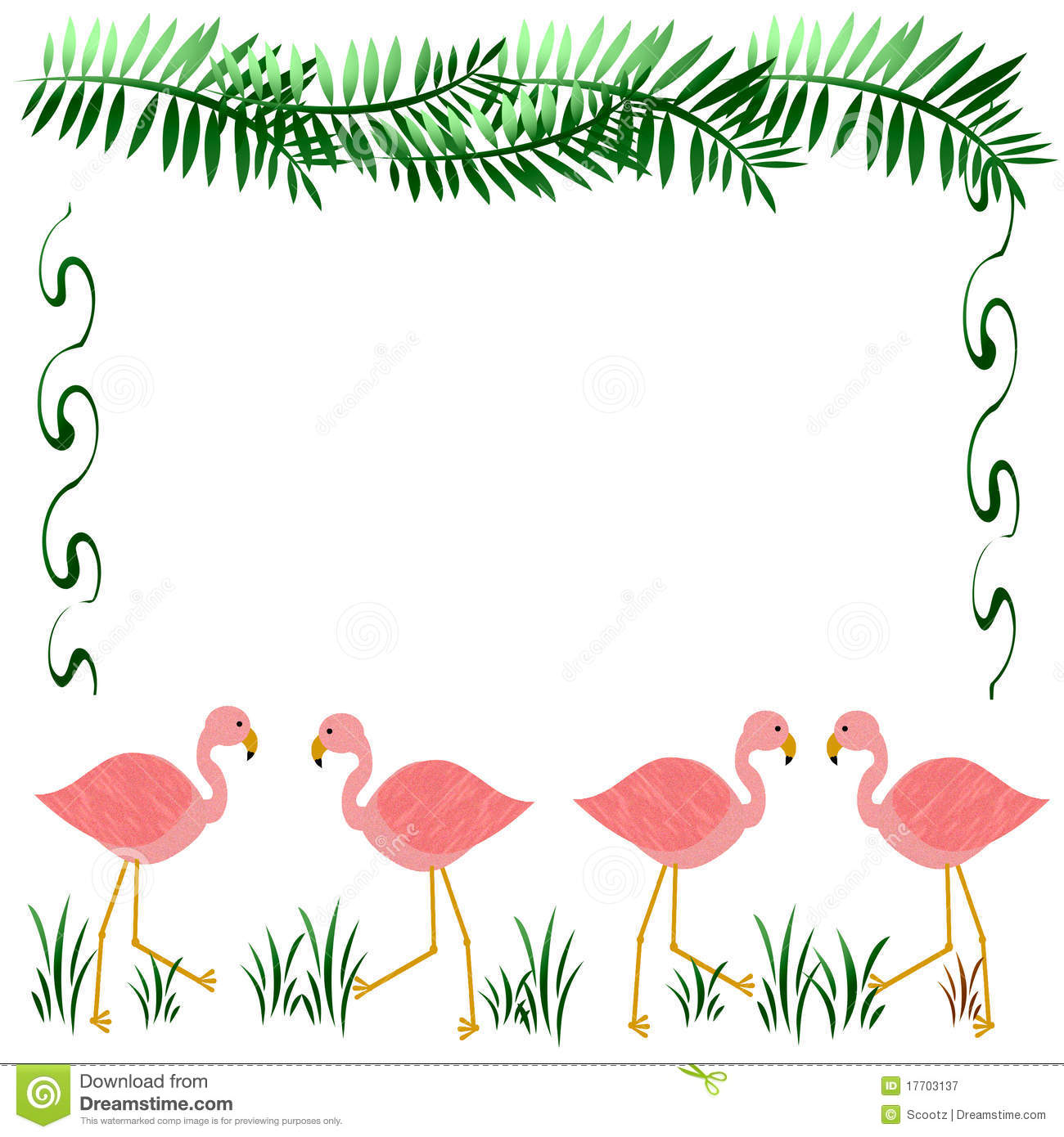 Pink Flamingos On White With Palm Fronds Illustration