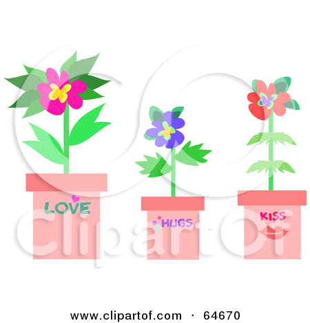 Rf  Clipart Illustration Of Three Potted Flowering Plats With Love