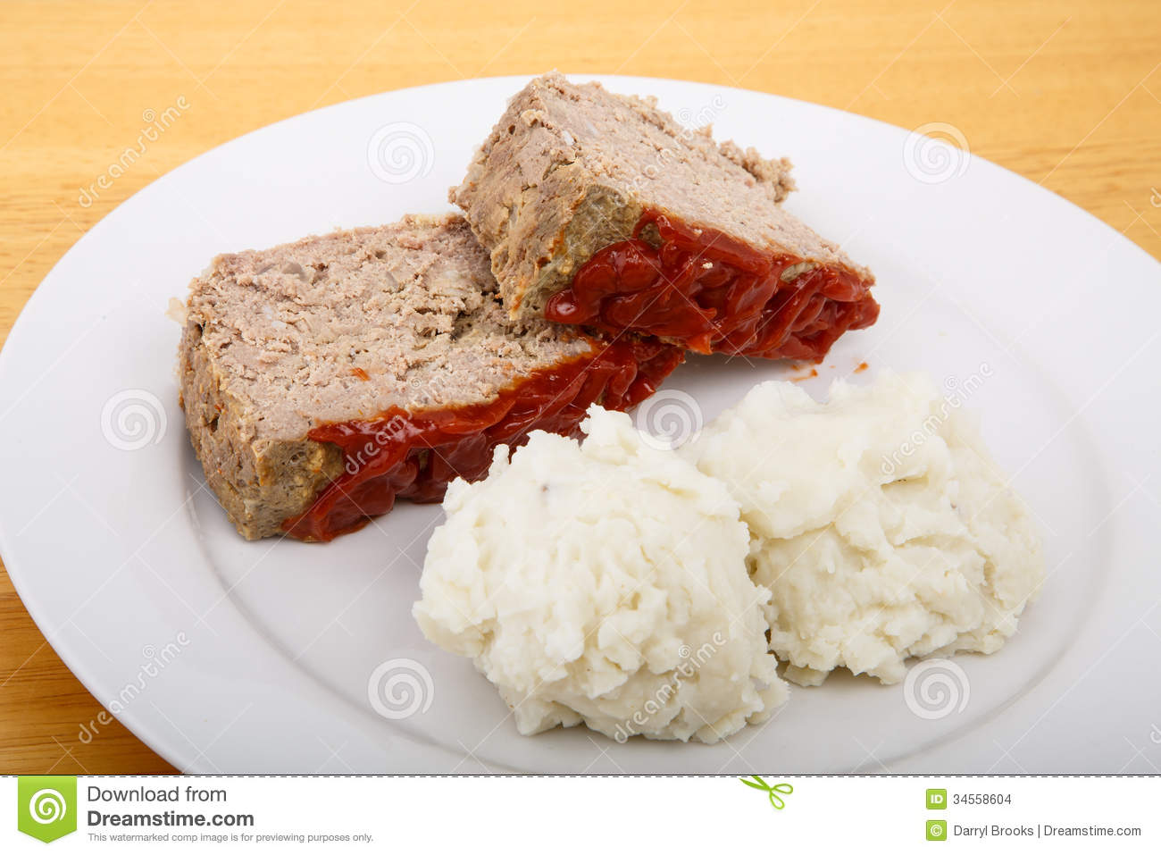 Serving Of Meatloaf And Mashed Potatoes On A White Plate