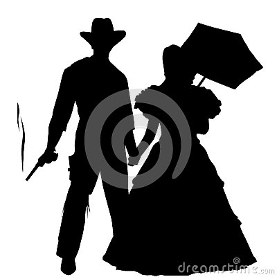 Silhouette Of A Cowboy With Revolver Hand In Hand With A Noble Lady