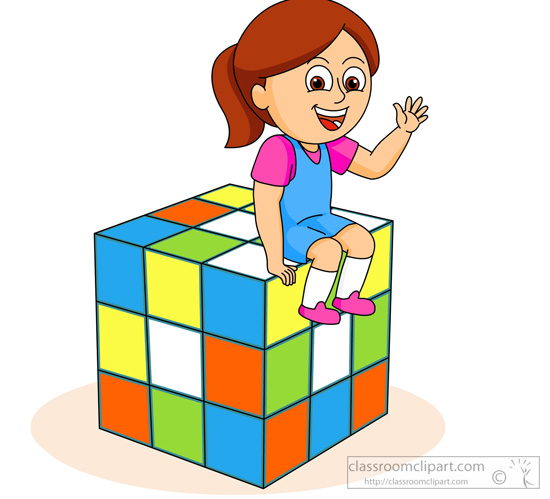 Cartoon Style Girl Sitting Atop Large Rubric Cube   Classroom Clipart