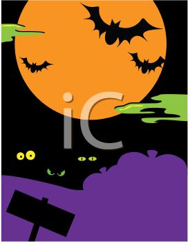 Glowing Eyes And Bats Flying Across The Moon   Royalty Free Clipart