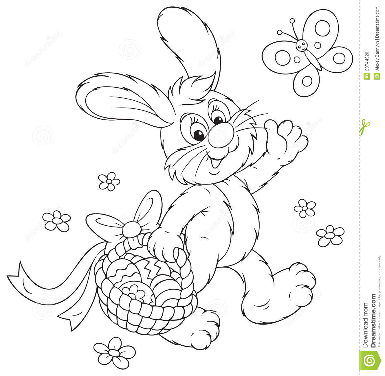 Rabbit Walking With A Basket Of Painted Easter Eggs Black And White    