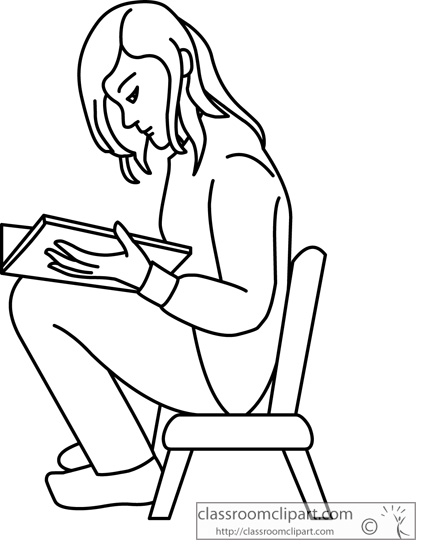 School   Girl Sitting Reading Book Outline 01   Classroom Clipart