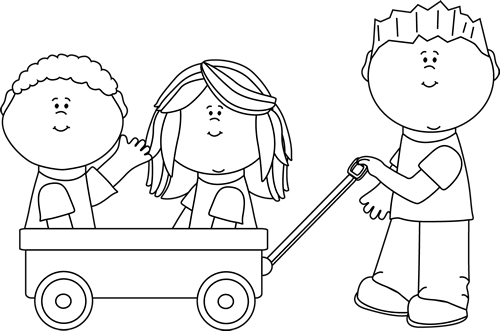 Black And White Kids With Wagon Clip Art   Black And White Kids With