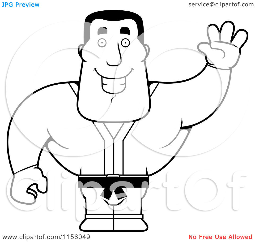 Cartoon Clipart Of A Black And White Strong Karate Man Waving   Vector