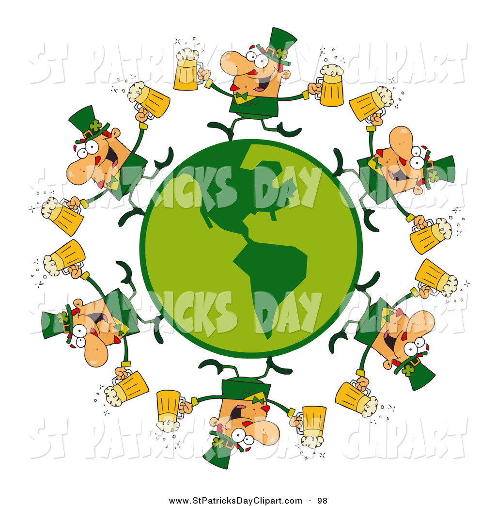Circle Of Male Leprechauns Running Around A Globe With Beer Over White