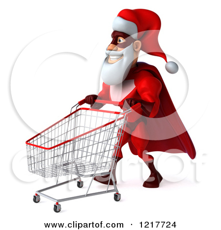 Clipart Of A 3d Super Hero Santa Pushing A Shopping Cart   Royalty    