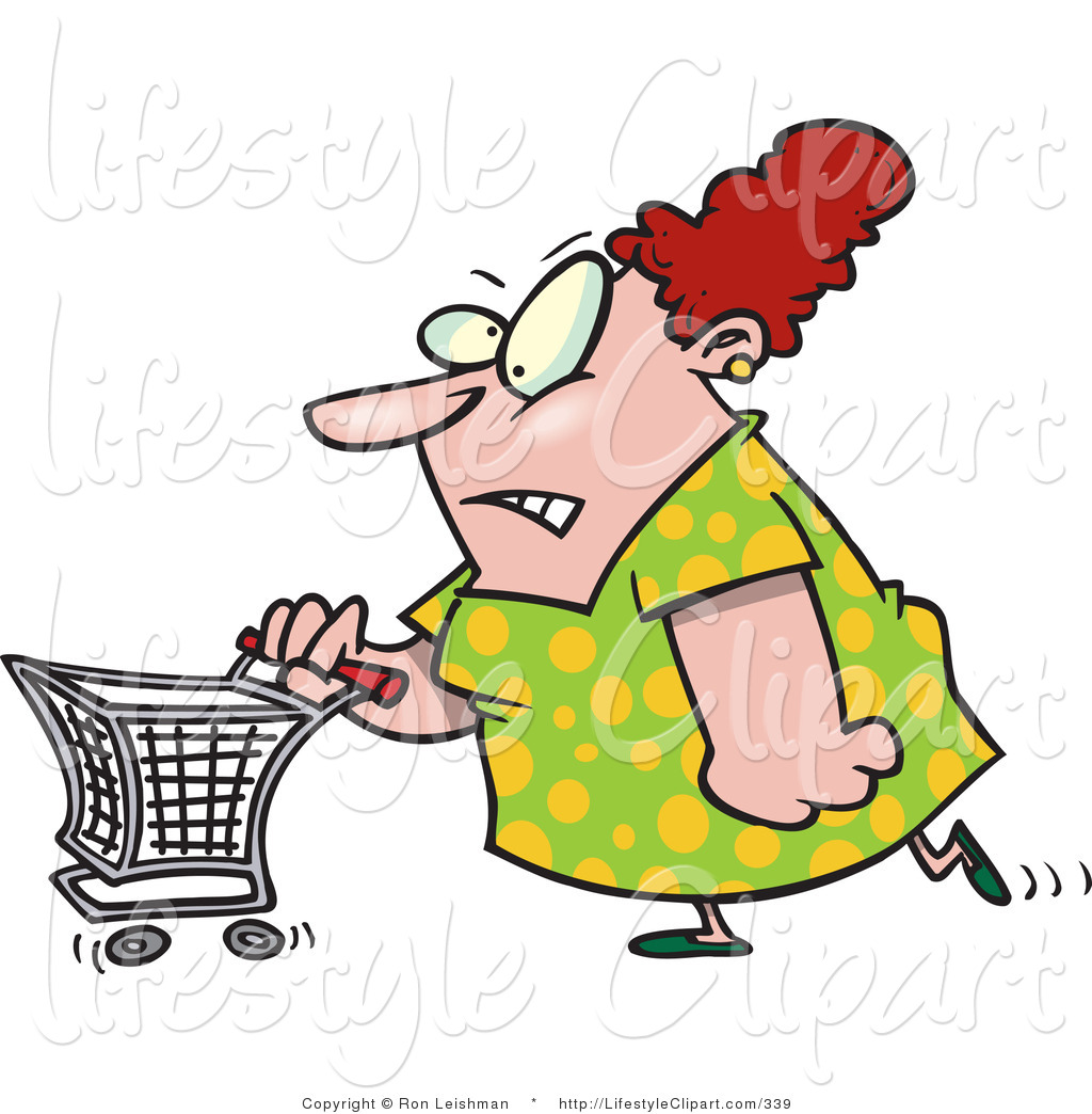     Clipart Of A Stressed Out Pudgy Woman Pushing A Shopping Cart