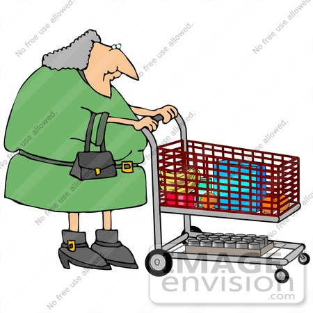 Haired Woman Pushing A Shopping Cart In A Grocery Store People Clipart    
