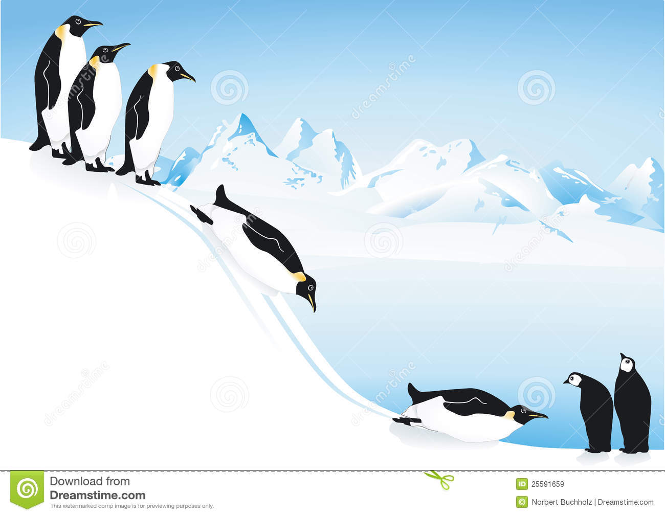 Illustration Of Group Of Penguins Playing On Ice Slide With Sea And
