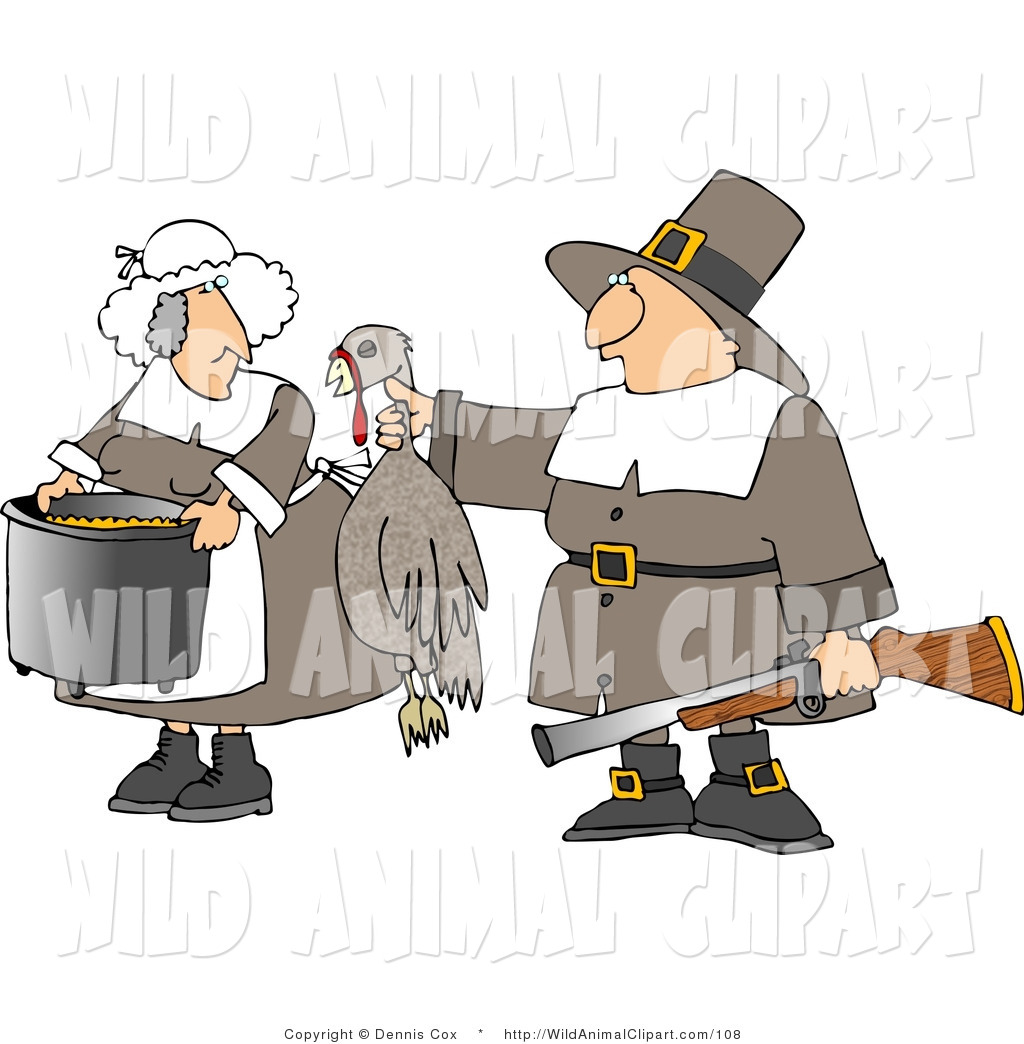 Male Pilgrim Hunter Holding Up A Dead Turkey For His Wife To Cook For