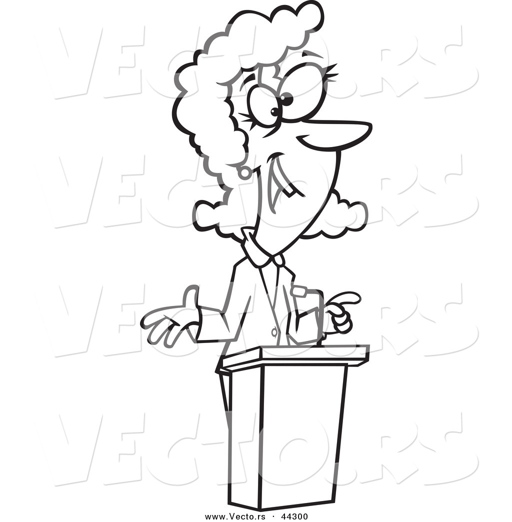 Of A Happy Cartoon Woman Speaking At A Podium   Coloring Page Outline