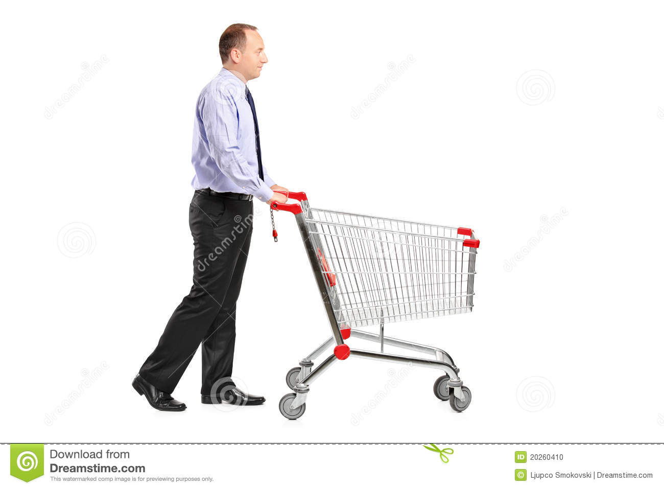     Of A Man Pushing An Empty Shopping Cart Isolated On White Background