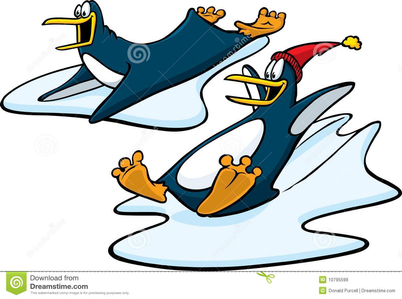Two Happy Cartoon Penguins Sliding Down A Snowy Bank  Vector And High