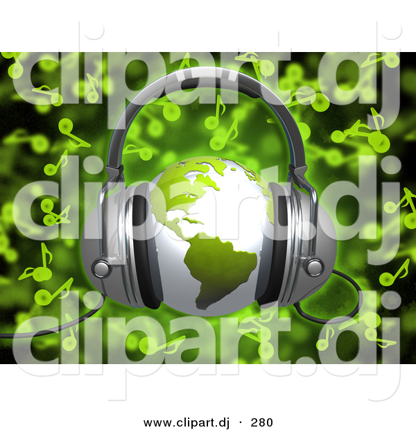 3d Clipart Of A Green Globe Wearing Headphones Over Green Music Notes