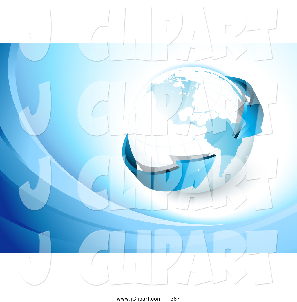     Blue Arrow Circling The Globe On A White Background With Blue Waves