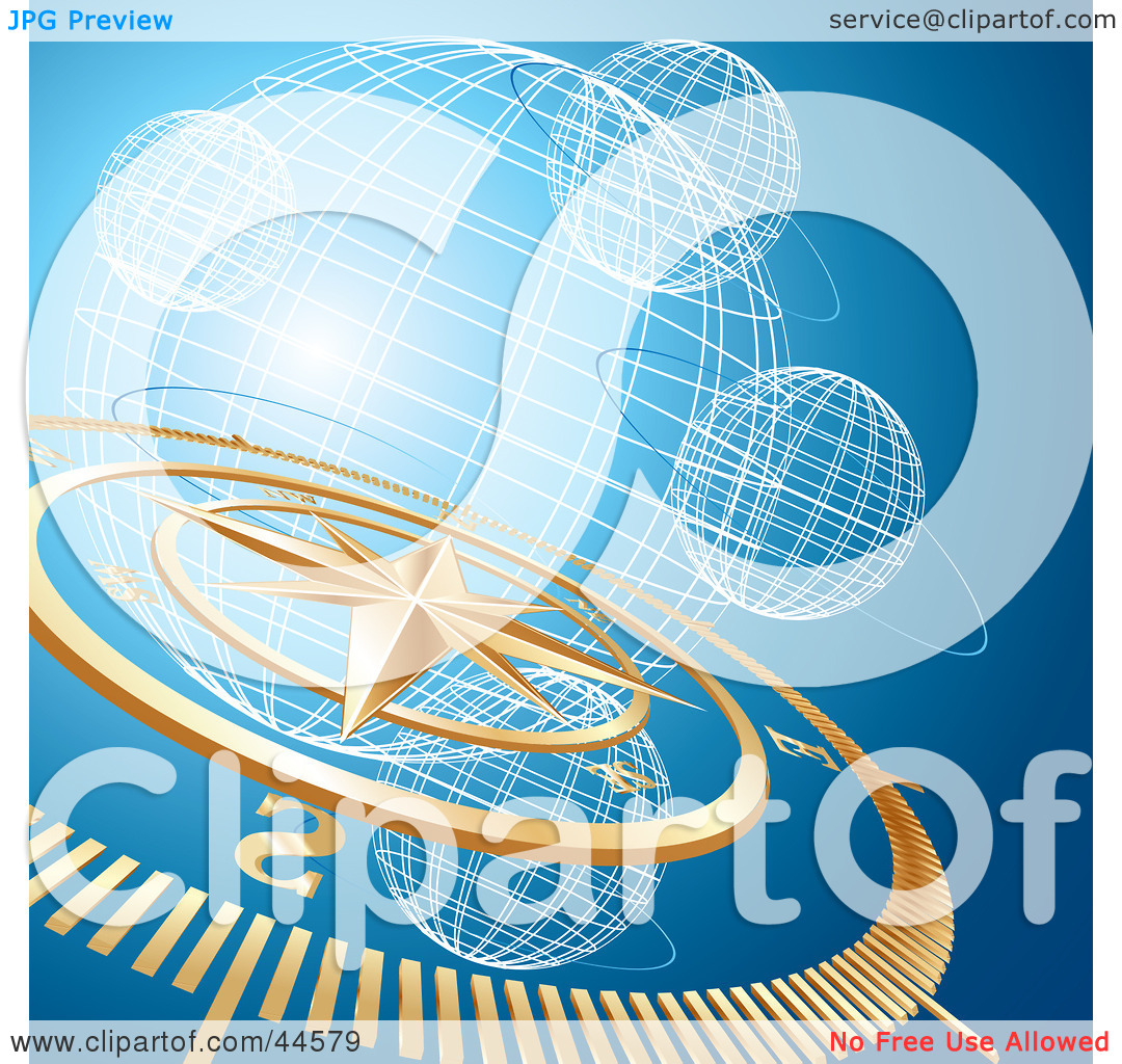 Clipart Illustration Of A Golden Compass And Wire Globe Blue