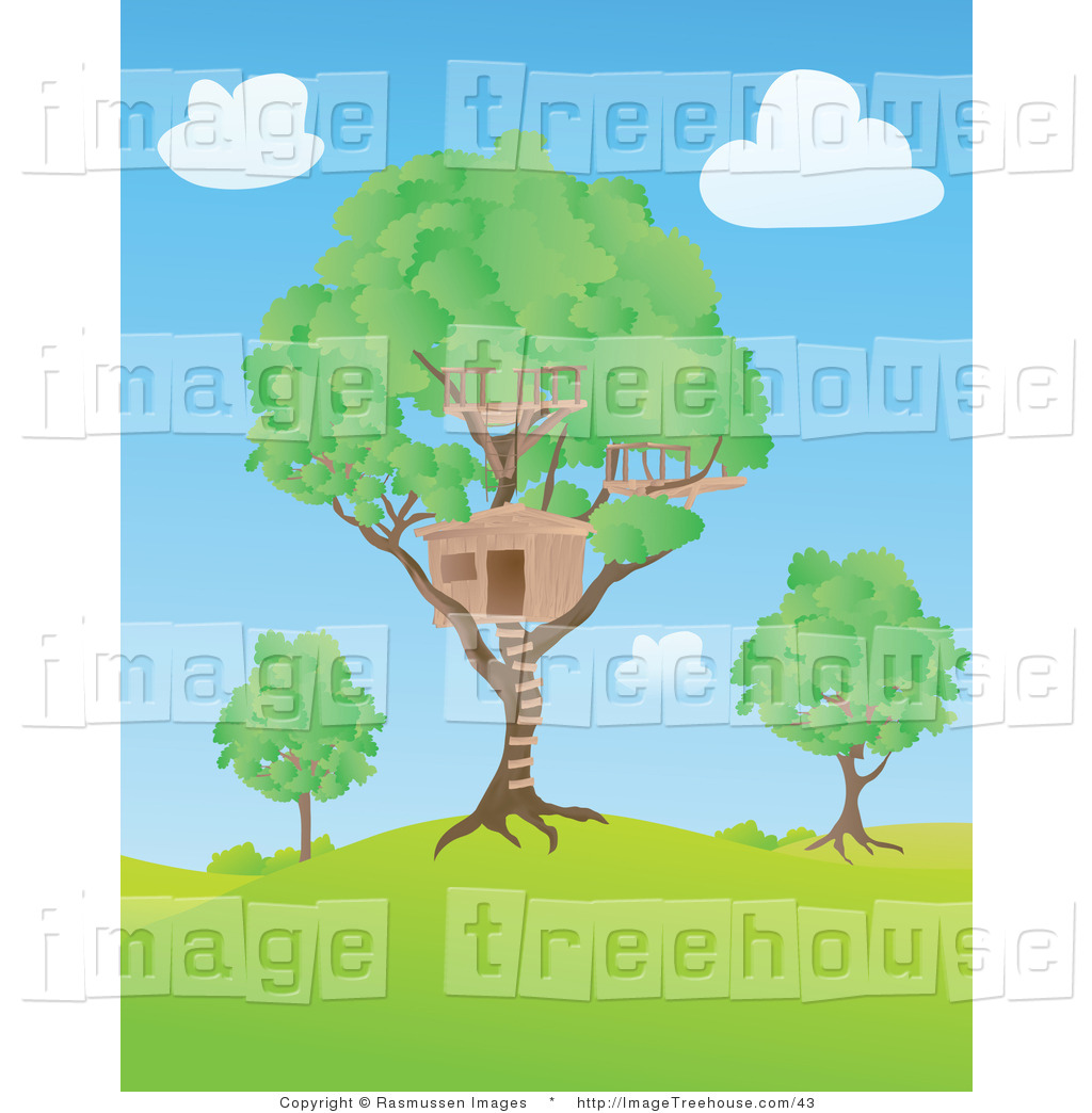 Clipart Of A Big Tree House Built In A Lush Tree On A Hill Under A