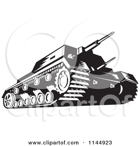 Clipart Of A Military Tank In Black And White   Royalty Free Vector