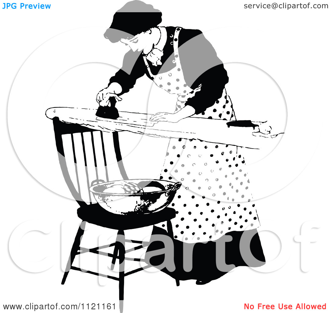 Clipart Of A Retro Vintage Black And White Domestic Housewife Ironing