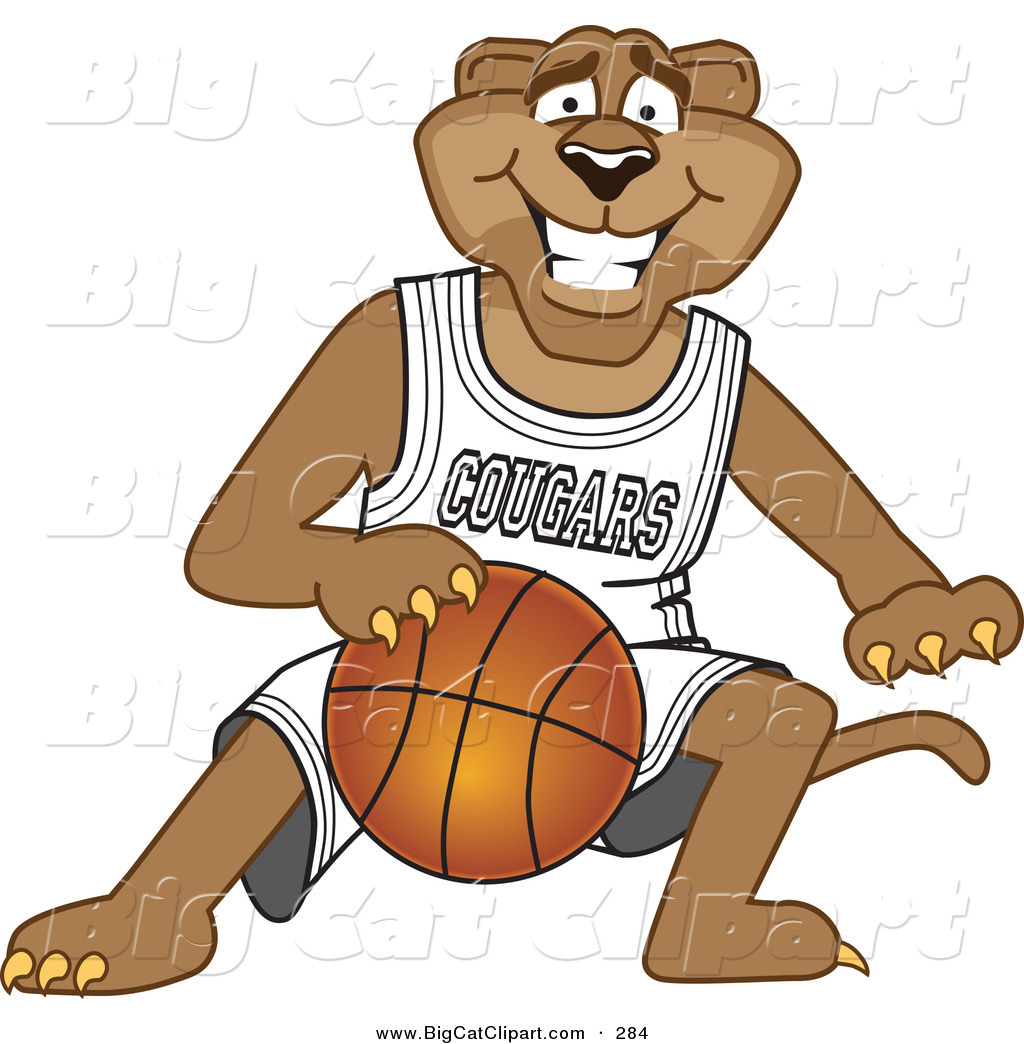 Cougar Mascot Character Dribbling A Basketball Growling Cougar