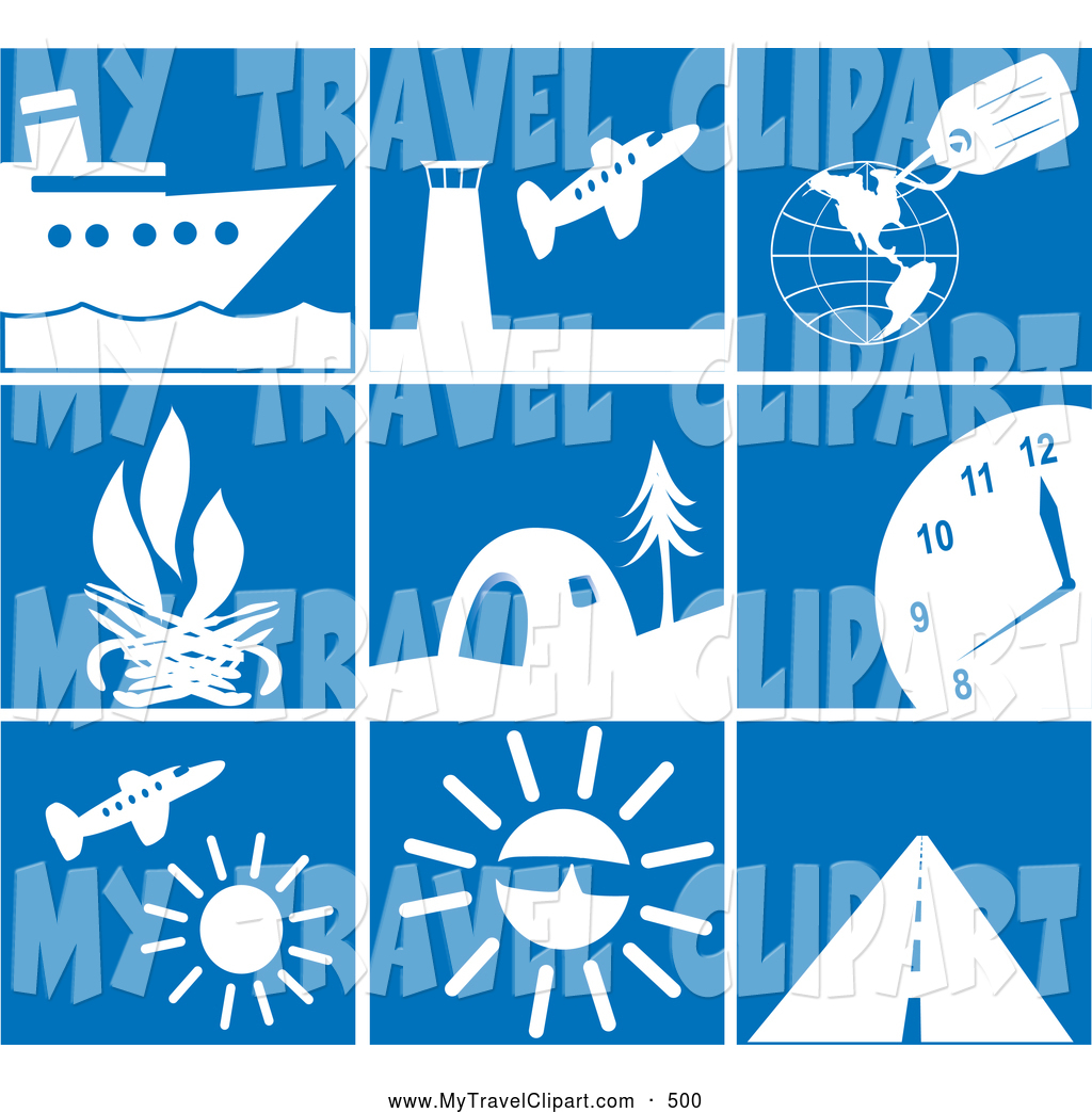     Icons On A Blue Background  Cruise Ship Plane Globe Igloo Flying