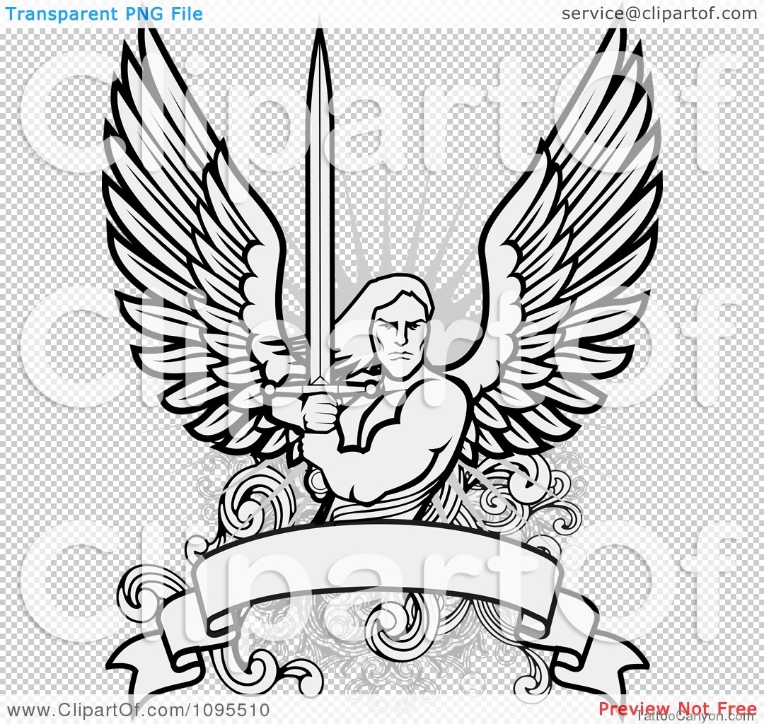 Pin Clipart Male Angel Warrior Holding A Sword Over Blank Banner On