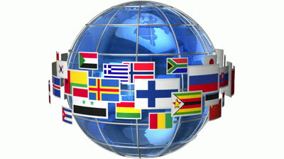      Rotating Earth Globe With World Flags Isolated On White Background