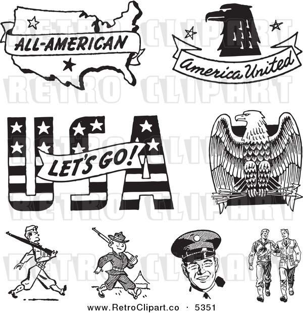 Vector Clipart Of Black And White Retro American Icons And Military    