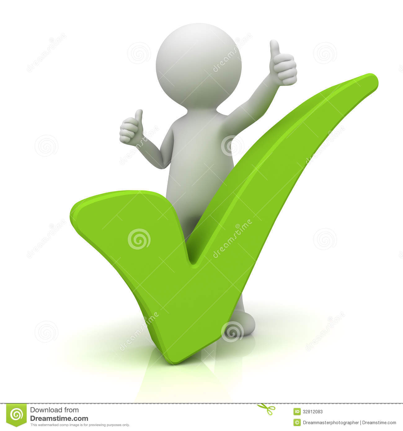 3d Man Showing Thumbs Up With Green Check Mark Over White Stock Photos
