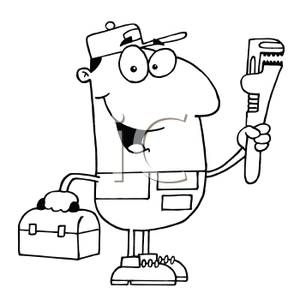Black And White Cartoon Of A Plumber With A Pipe Wrench And Toolbox