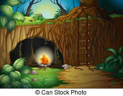 Camp Fire In A Cave   Illustration Of A Camp Fire In A