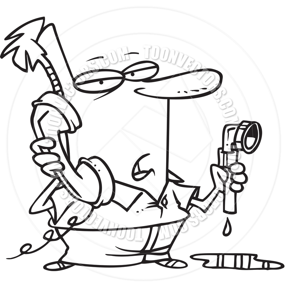 Cartoon Plumbing Woes  Black And White Line Art  By Ron Leishman