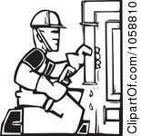 Clip Art Illustration Of A Black And White Woodcut Styled Plumber By