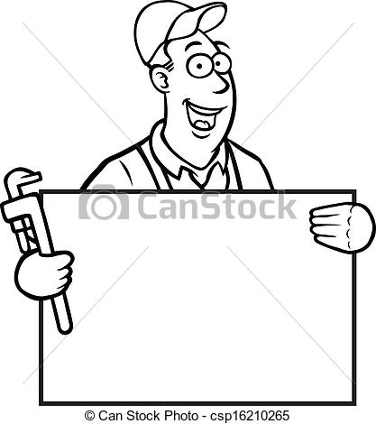 Clip Art Vector Of Black And White Plumber With Sign   Black And White