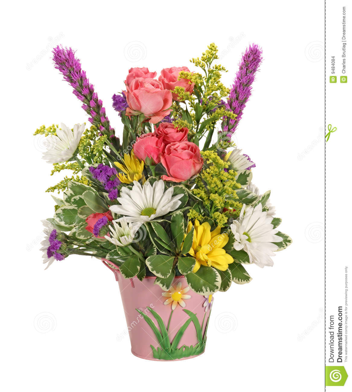 Flower Bouquet Of Roses And Daisies Isolated On White