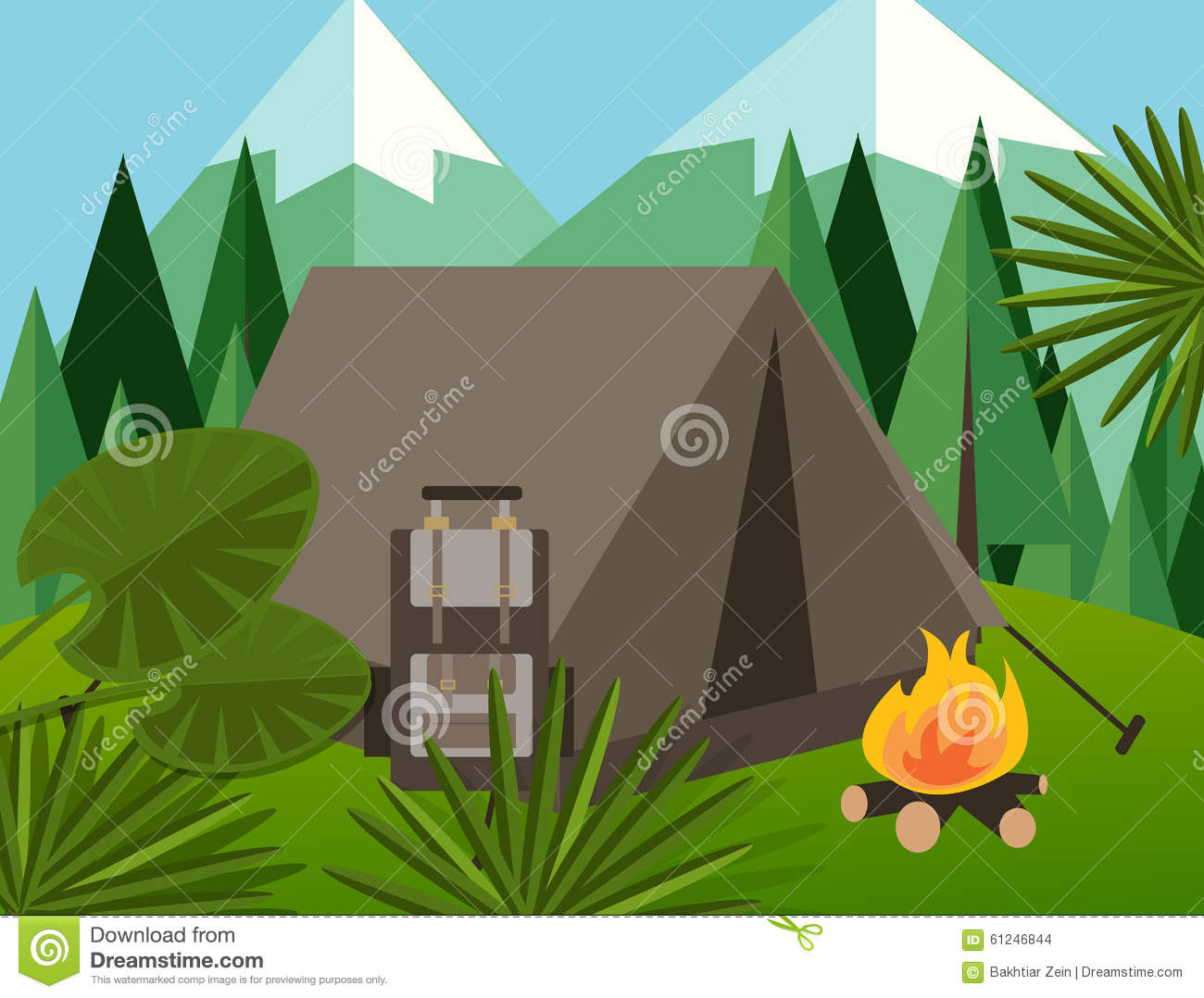 Forest Mountain Flat Background Illustration Pine Tree Backpack Fire